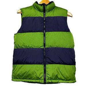 Lands’ End Green Blue Stripe Solid Reversible Goose Down Vest Large Puffer Zip